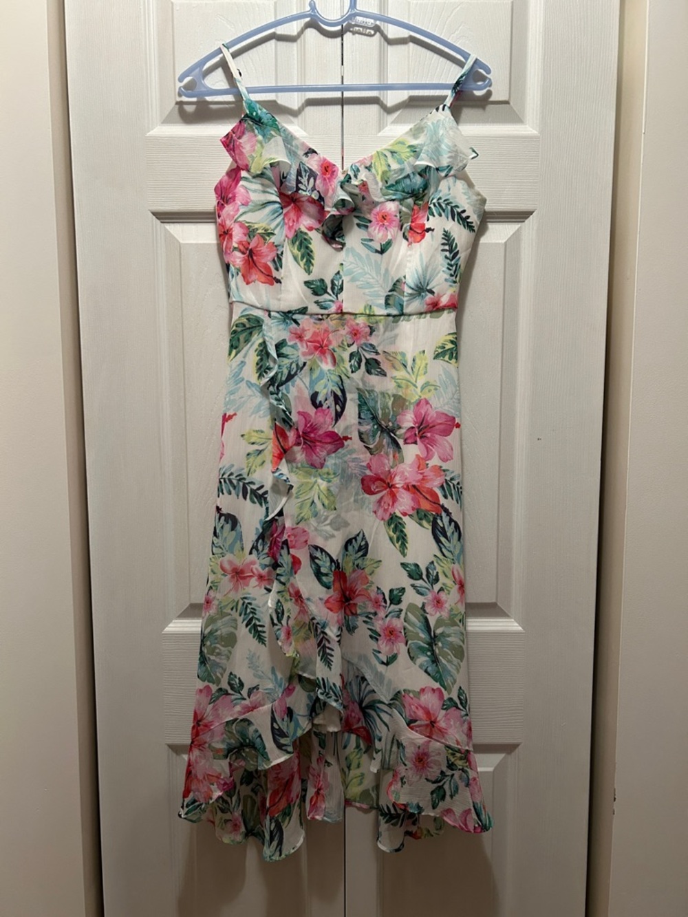 Kensie White Floral High-Low ruffle spaghetti strap dress with Pink & Green